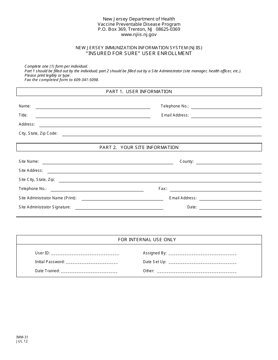 Form IMM-31 Insured for Sure User Enrollment - New Jersey, Page 1