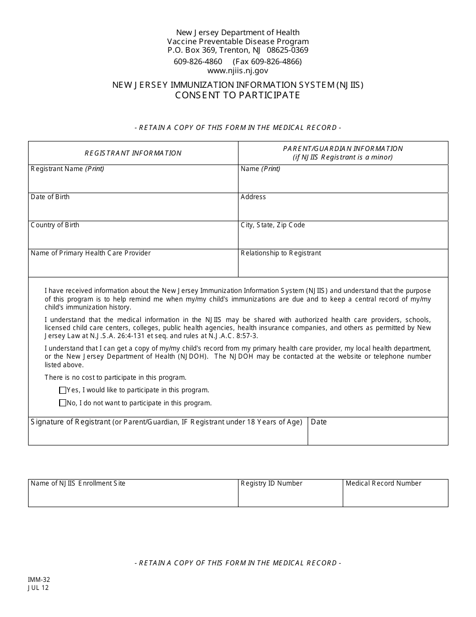 Form IMM-32 Njiis Consent to Participate - New Jersey, Page 1