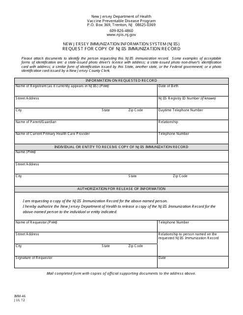 Form IMM-46 Request for Copy of Njiis Immunization Record - New Jersey
