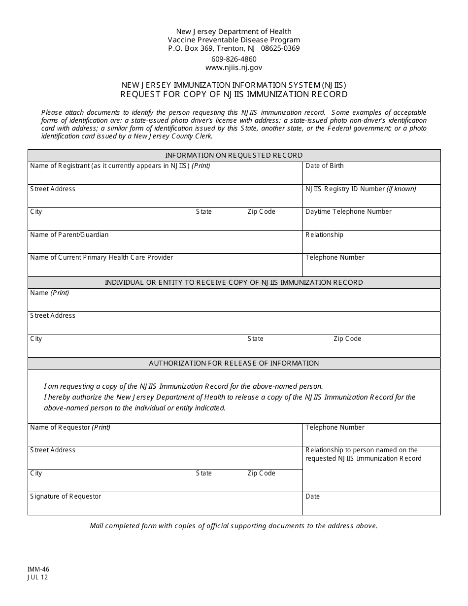 Form IMM-46 Request for Copy of Njiis Immunization Record - New Jersey, Page 1