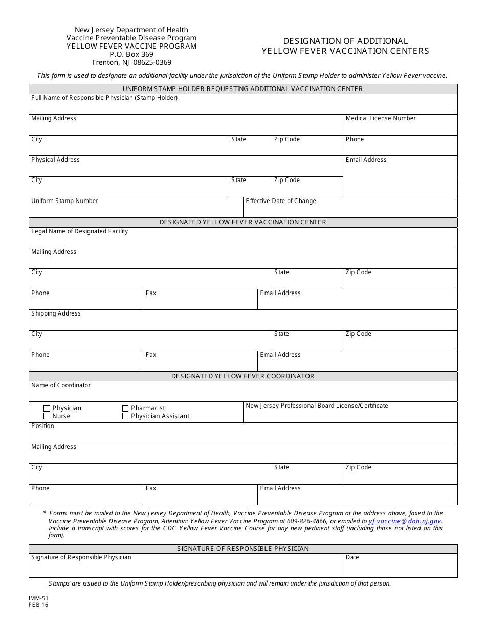 Form IMM-51 Yellow Fever Vaccine Program Designation of Additional Yellow Fever Vaccination Centers - New Jersey, Page 1