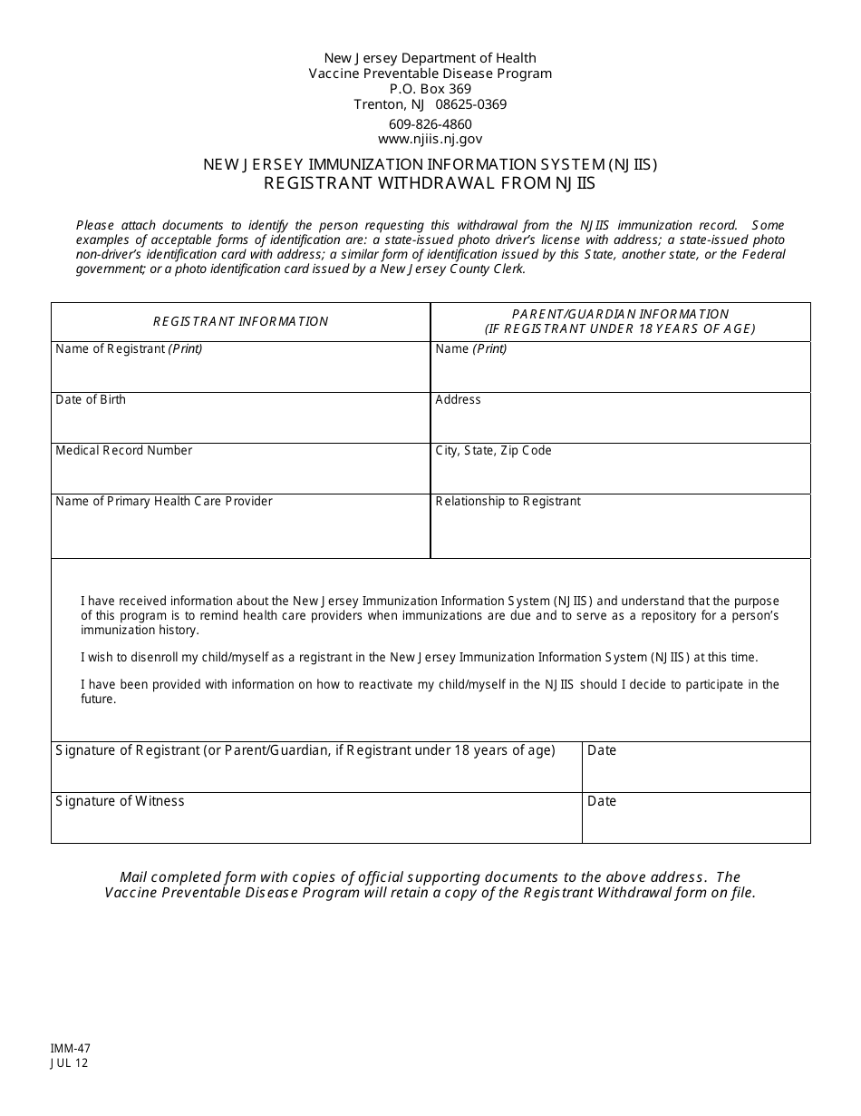 Form IMM-47 Registrant Withdrawal From Njiis - New Jersey, Page 1