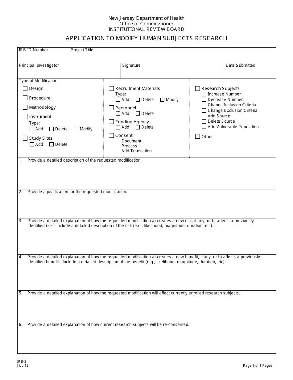 Form IRB-3 Application to Modify Human Subjects Research - New Jersey, Page 1