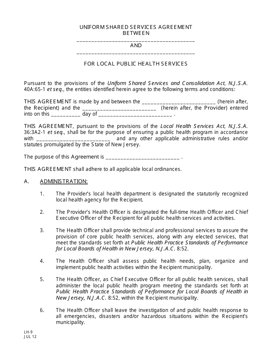 Form LH-9 Uniform Shared Services Agreement (Template) for Local Public Health Services - New Jersey, Page 1