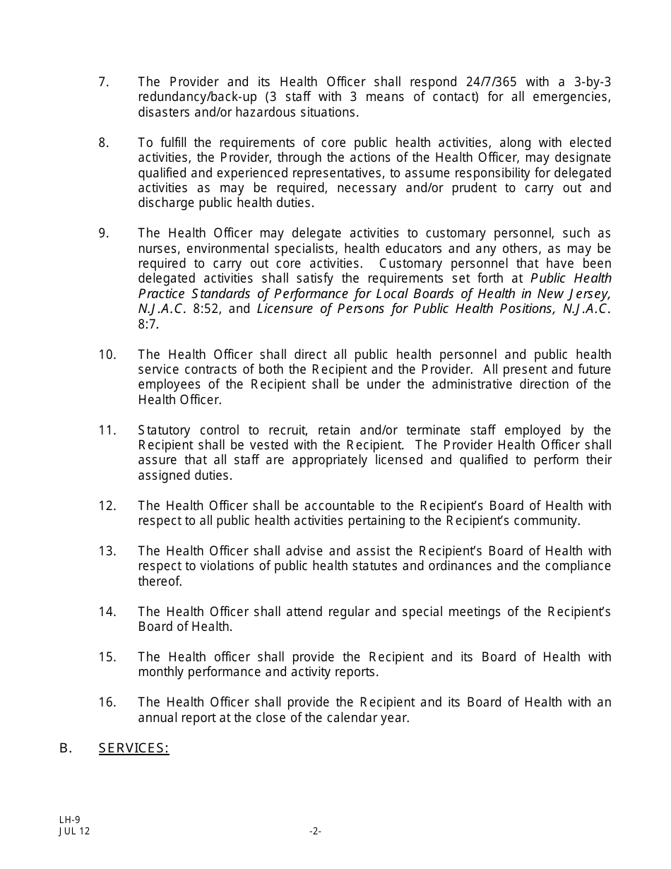 Form LH-9 Uniform Shared Services Agreement (Template) for Local Public Health Services - New Jersey, Page 2
