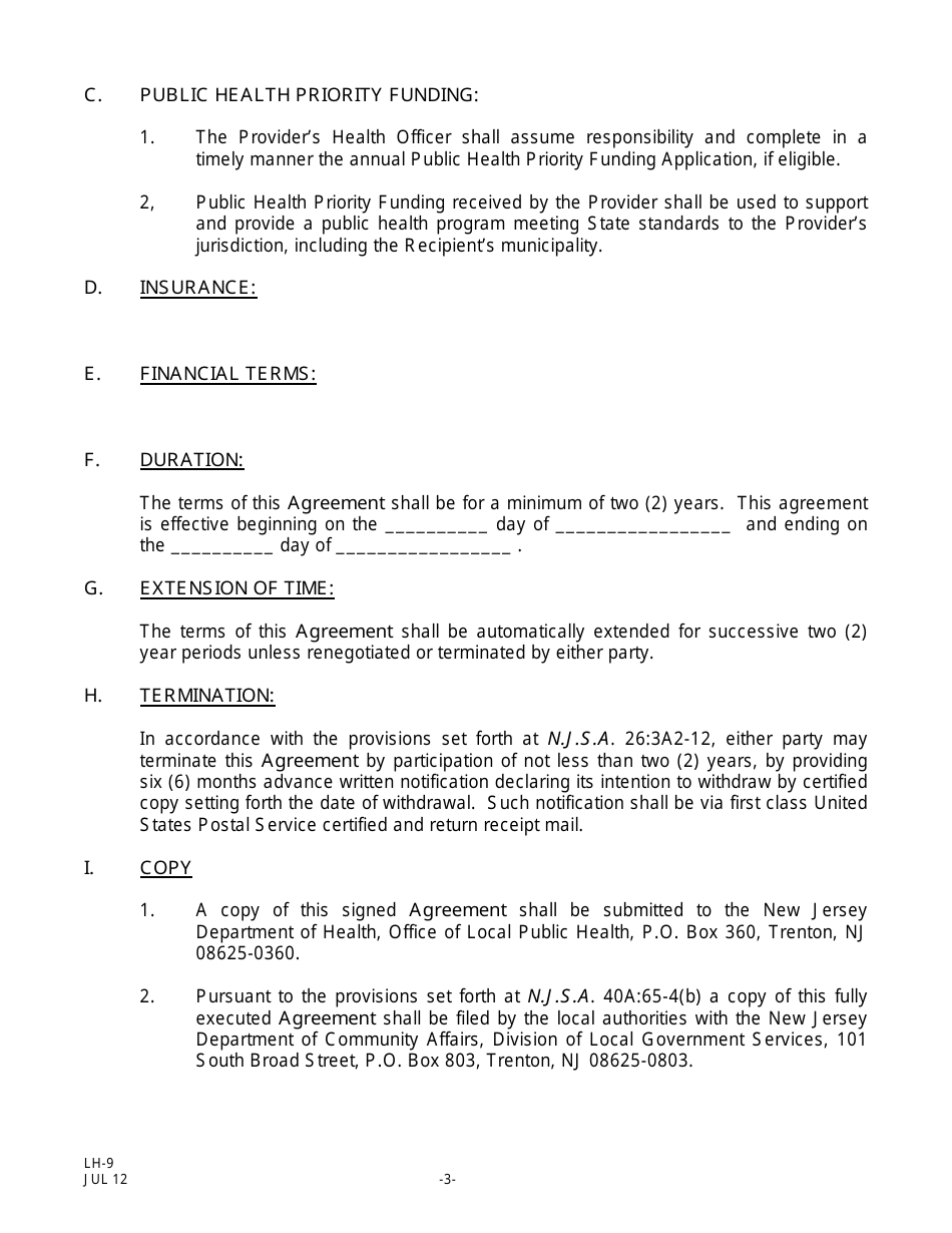 Form LH-9 Uniform Shared Services Agreement (Template) for Local Public Health Services - New Jersey, Page 3