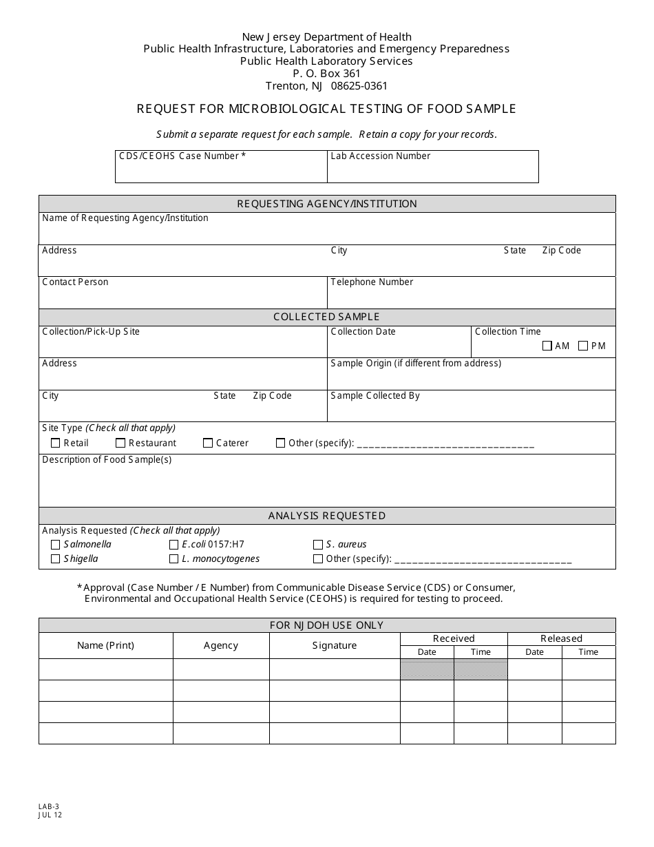 Form LAB-3 Request for Microbiological Testing of Food Sample - New Jersey, Page 1