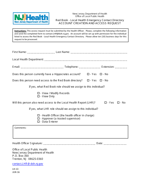 Form LH-13 Red Book - Local Health Emergency Contact Directory Account Creation and Access Request - New Jersey