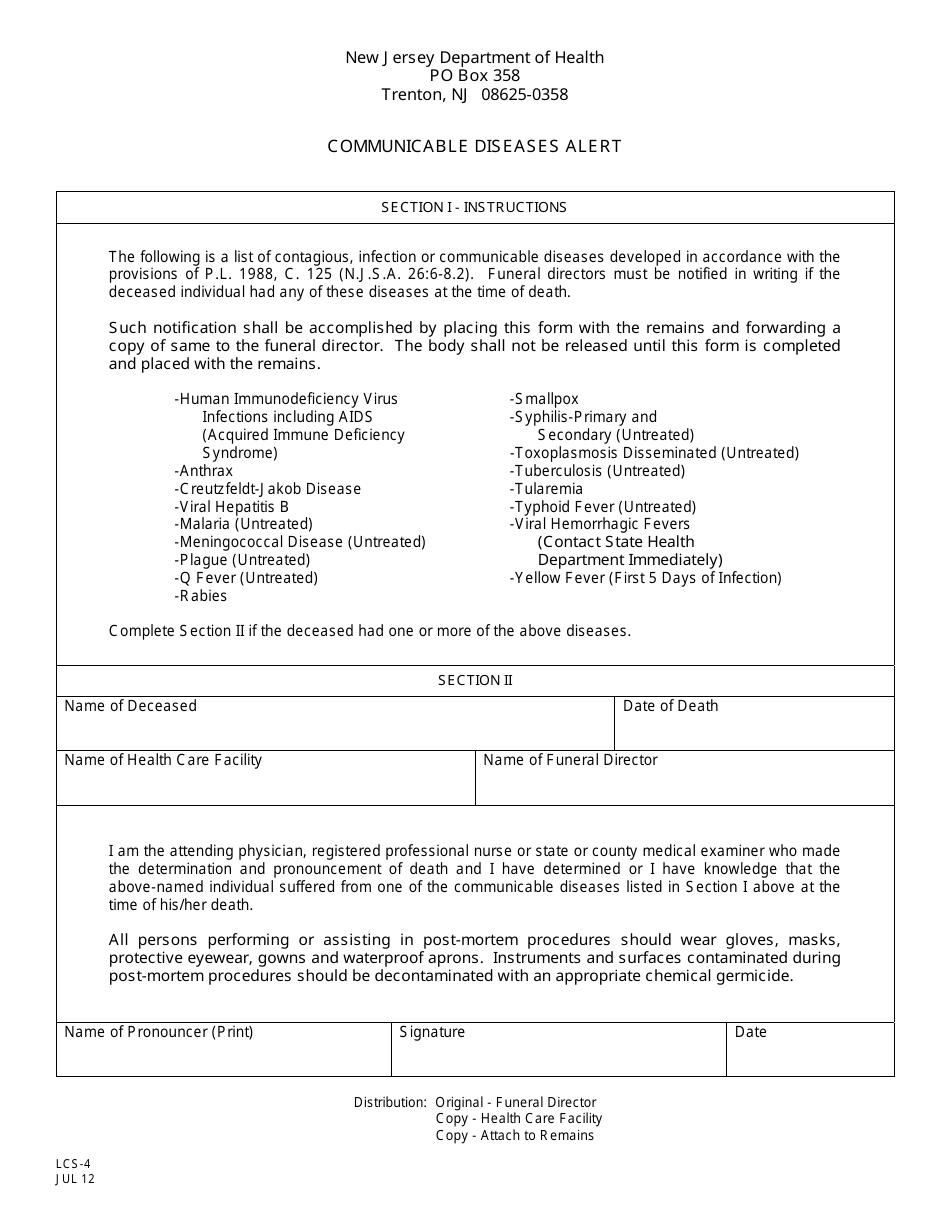 Form LCS-4 Communicable Disease Alert - New Jersey, Page 1