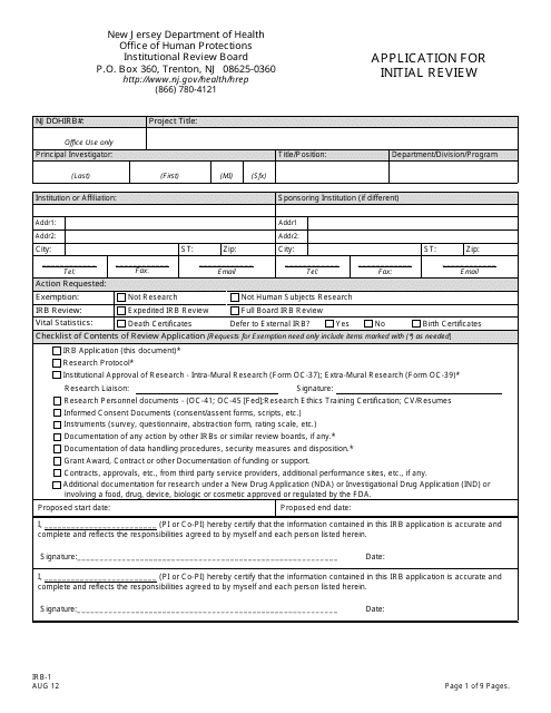 Form IRB-1 Application for Initial Review - New Jersey