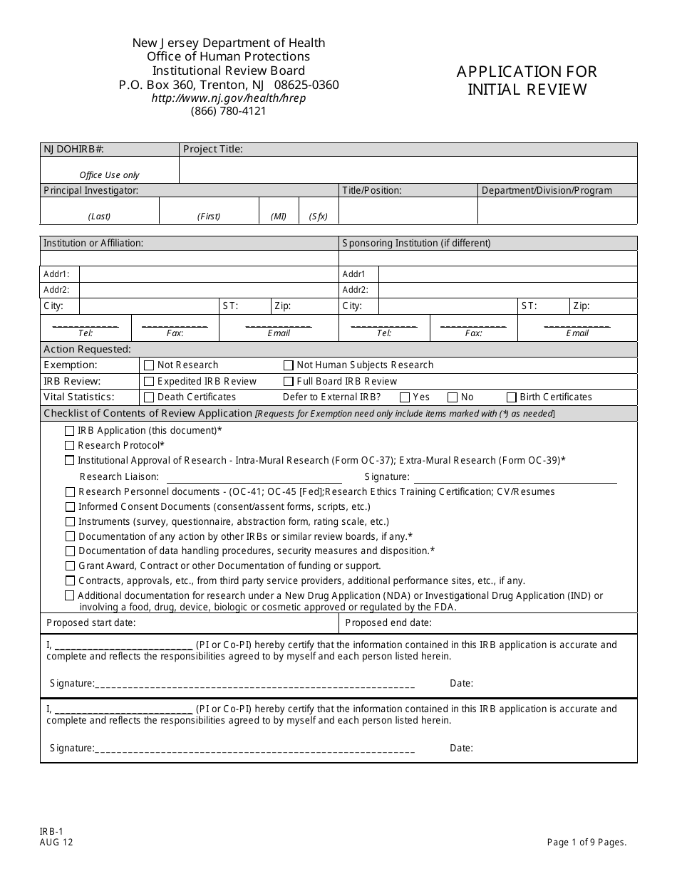 Form IRB-1 Application for Initial Review - New Jersey, Page 1