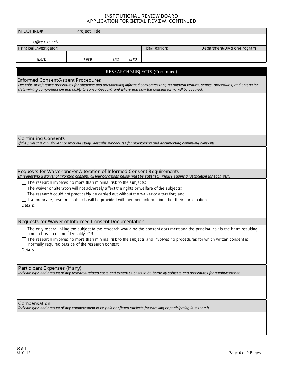 Form IRB-1 Application for Initial Review - New Jersey, Page 6