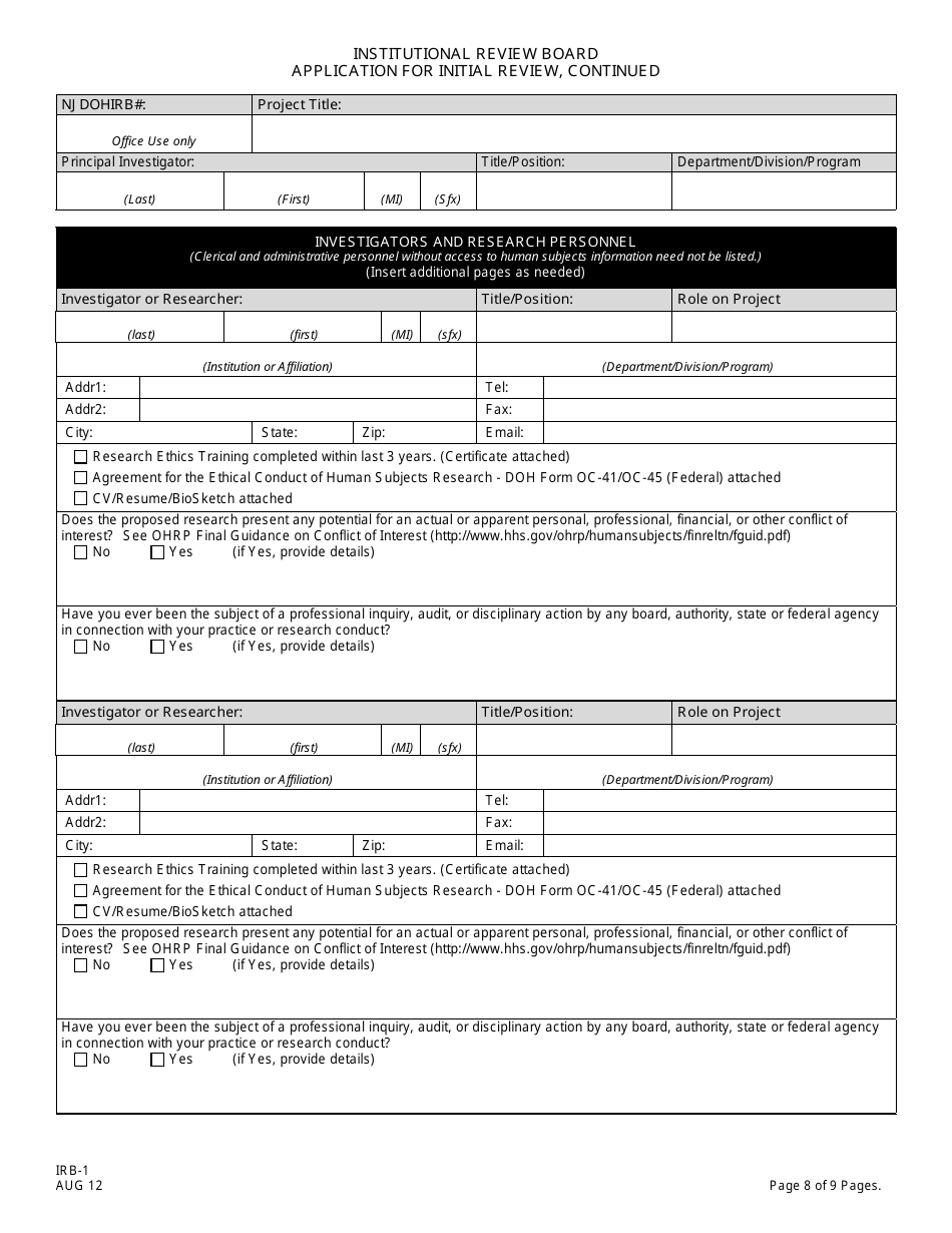 Form IRB-1 Application for Initial Review - New Jersey, Page 8