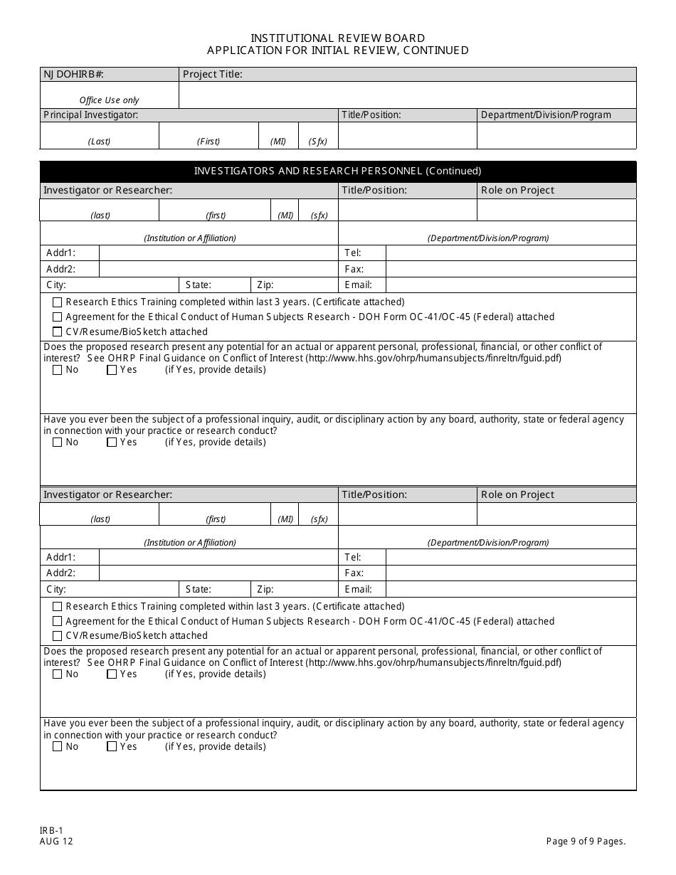 Form IRB-1 Application for Initial Review - New Jersey, Page 9