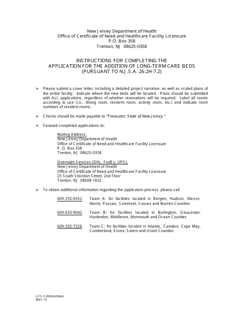 Form LCS-5 Application for the Addition of Long-Term Care Beds - New Jersey