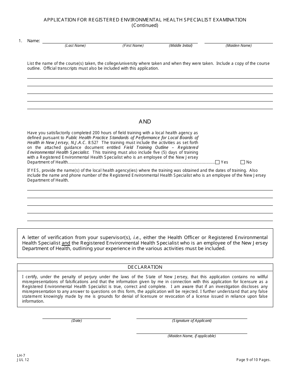 Form LH-7 Application for Registered Environmental Health Specialist Examination - New Jersey, Page 10
