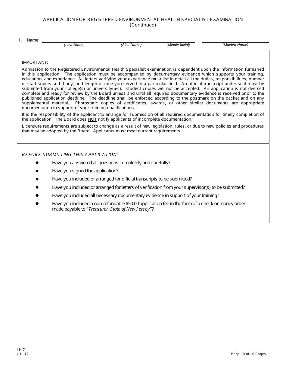 Form LH-7 Application for Registered Environmental Health Specialist Examination - New Jersey, Page 11