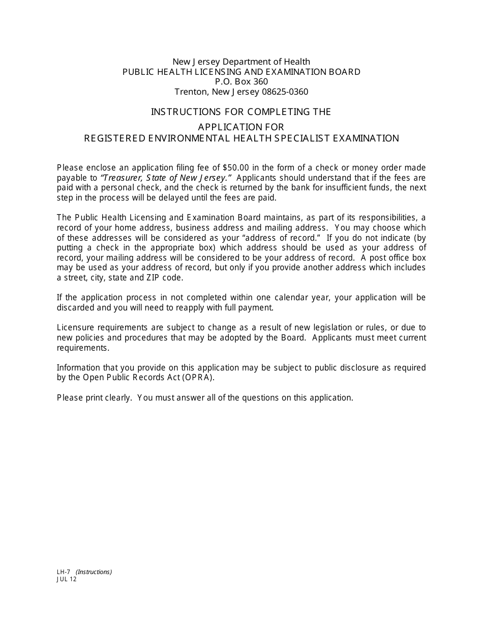 Form LH-7 Application for Registered Environmental Health Specialist Examination - New Jersey, Page 1