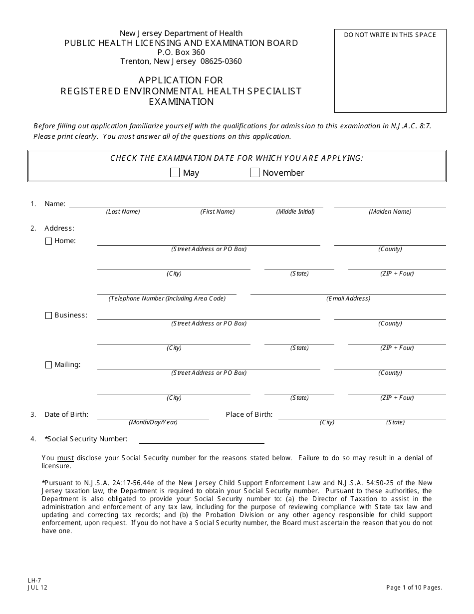 Form LH-7 Application for Registered Environmental Health Specialist Examination - New Jersey, Page 2