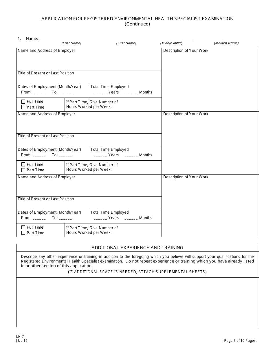 Form LH-7 Application for Registered Environmental Health Specialist Examination - New Jersey, Page 6