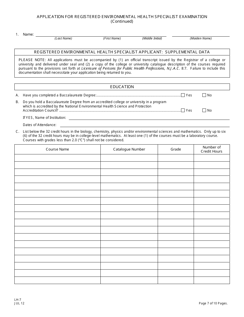 Form LH-7 Application for Registered Environmental Health Specialist Examination - New Jersey, Page 8