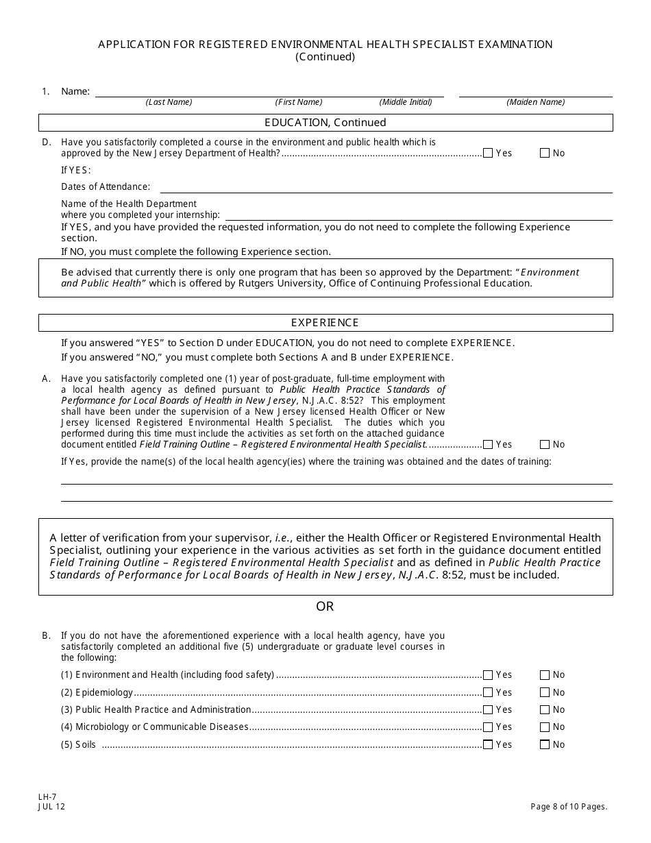 Form LH-7 Application for Registered Environmental Health Specialist Examination - New Jersey, Page 9