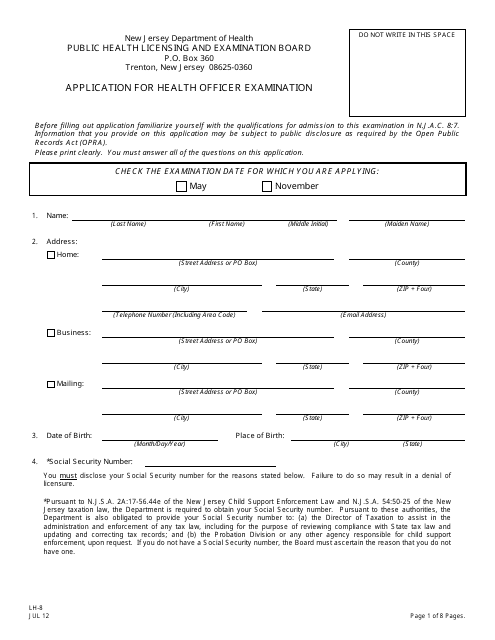Form LH-8 Application for Health Officer Examination - New Jersey