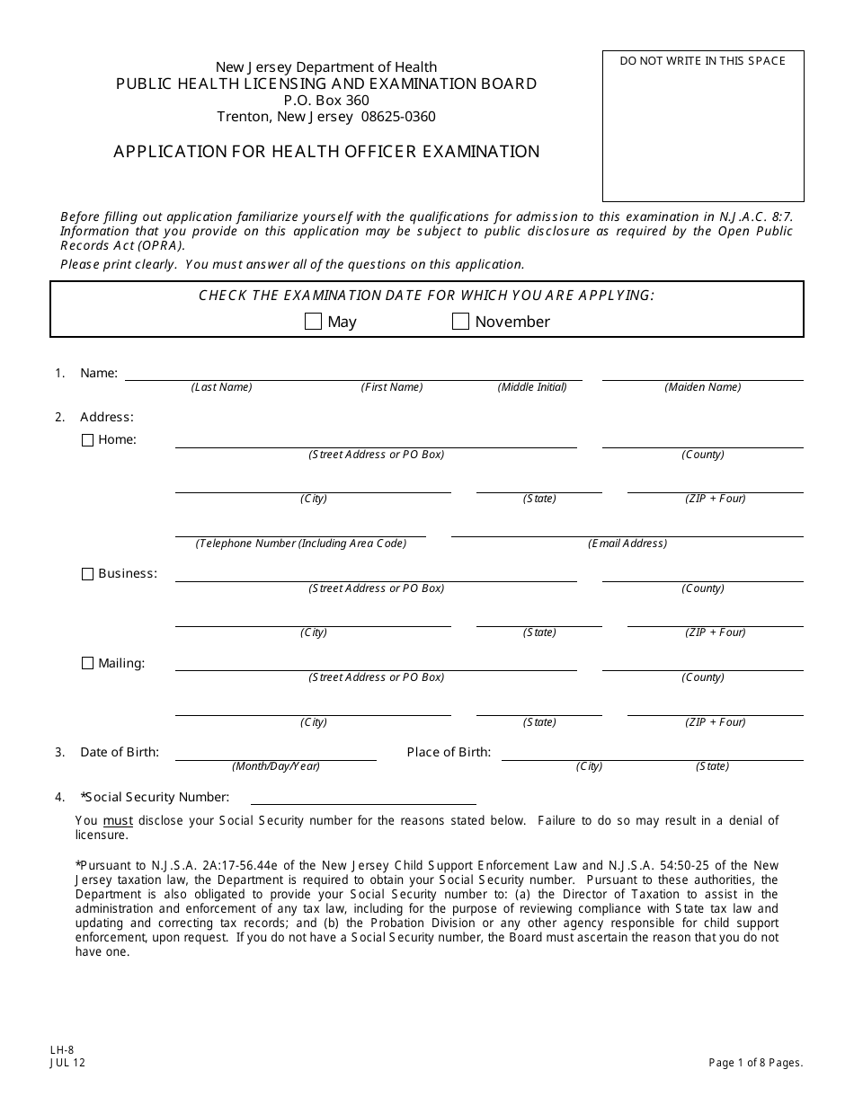 Form LH-8 Application for Health Officer Examination - New Jersey, Page 1