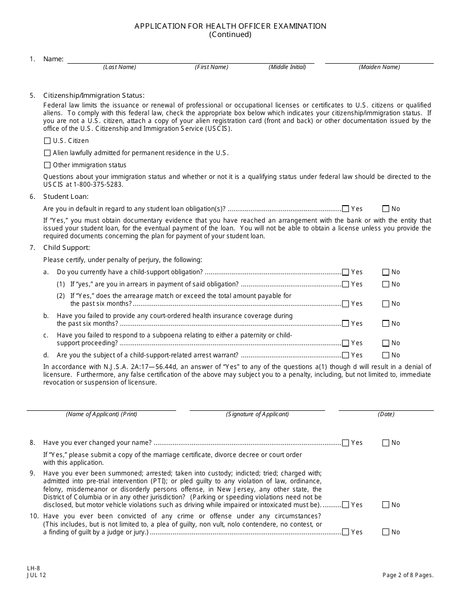 Form LH-8 Application for Health Officer Examination - New Jersey, Page 2
