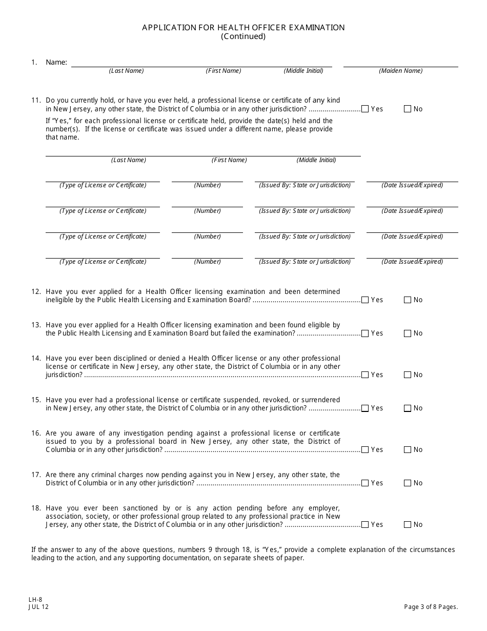Form LH-8 Application for Health Officer Examination - New Jersey, Page 3