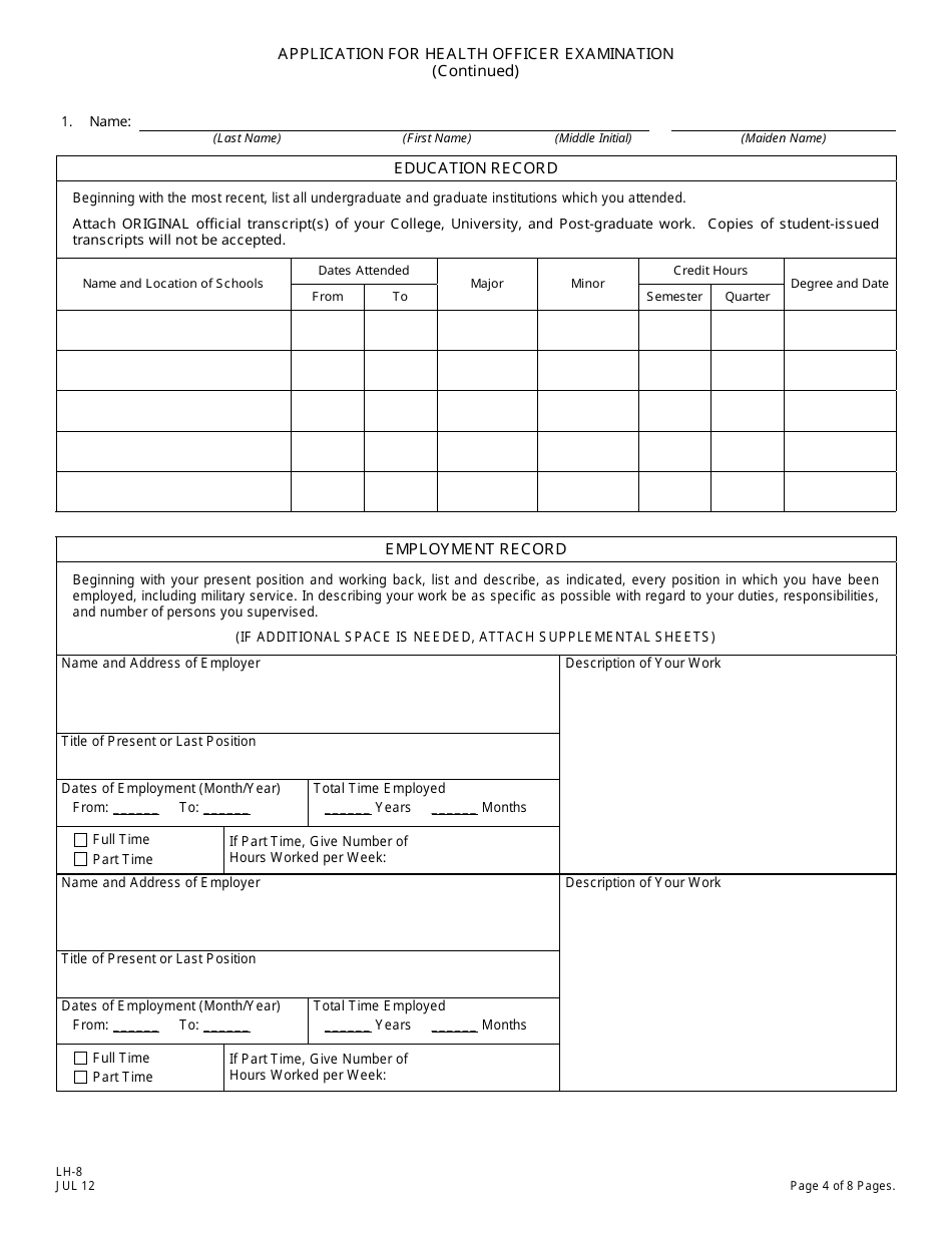 Form LH-8 Application for Health Officer Examination - New Jersey, Page 4