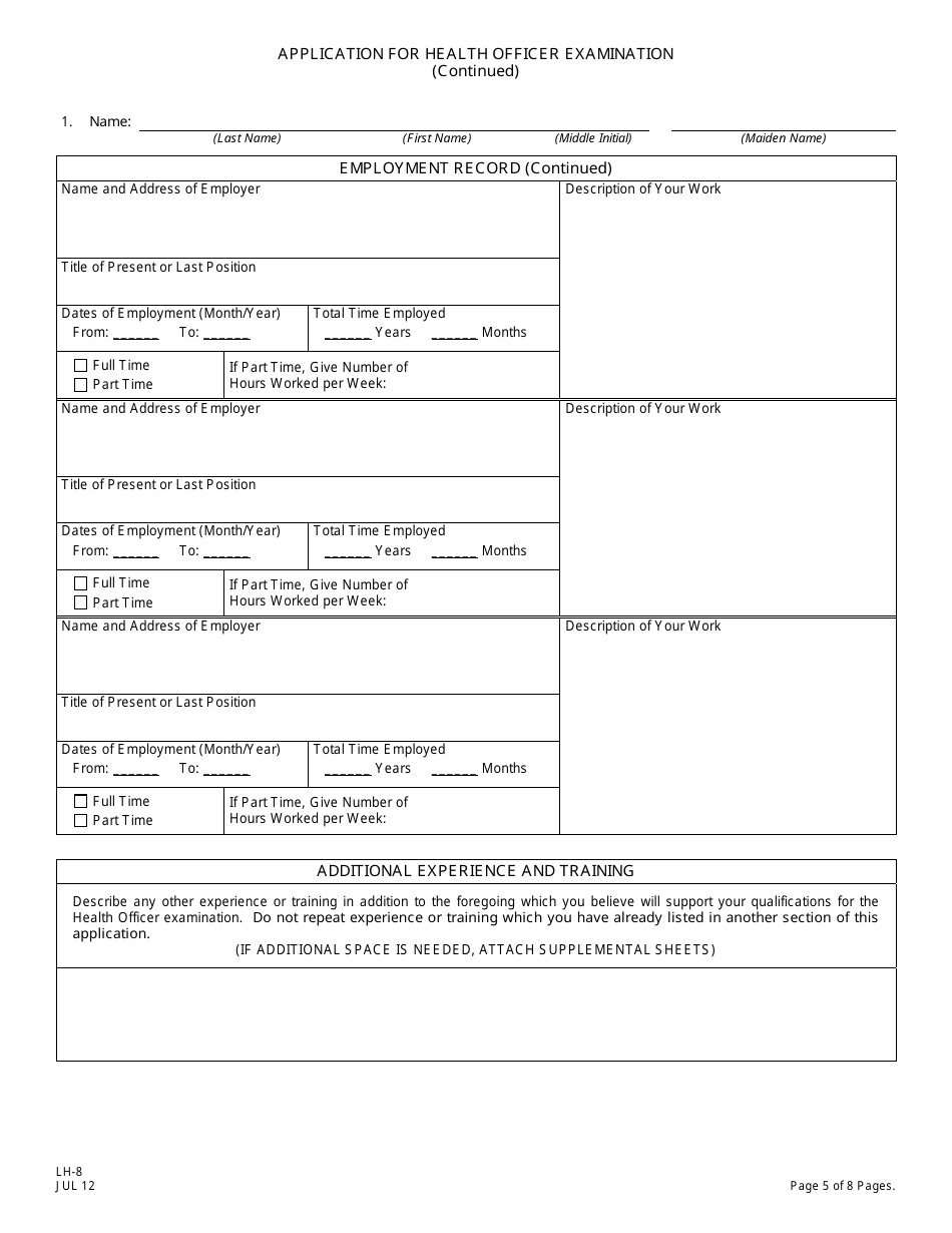 Form LH-8 Application for Health Officer Examination - New Jersey, Page 5