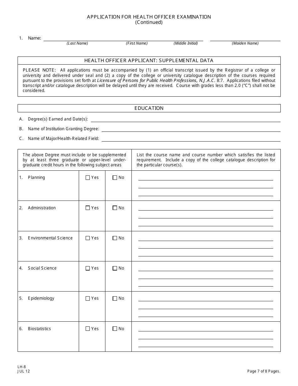 Form LH-8 Application for Health Officer Examination - New Jersey, Page 7