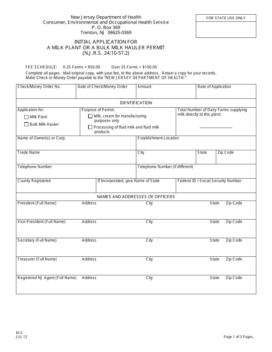 Form M-3 Initial Application for a Milk Plant or a Bulk Milk Hauler Permit - New Jersey, Page 1