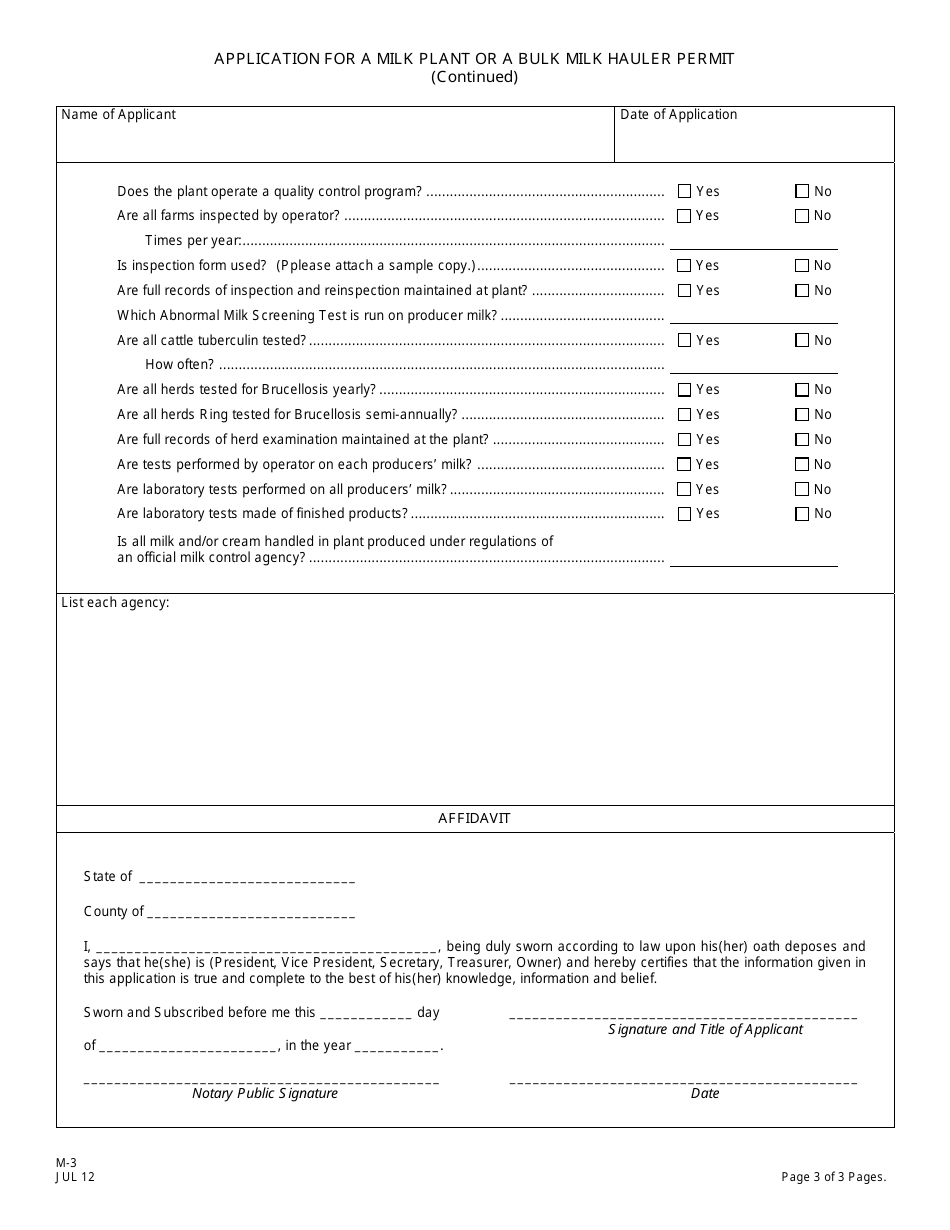 Form M-3 Initial Application for a Milk Plant or a Bulk Milk Hauler Permit - New Jersey, Page 3