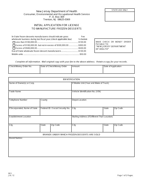 Form M-5 Initial Application for License to Manufacture Frozen Desserts - New Jersey