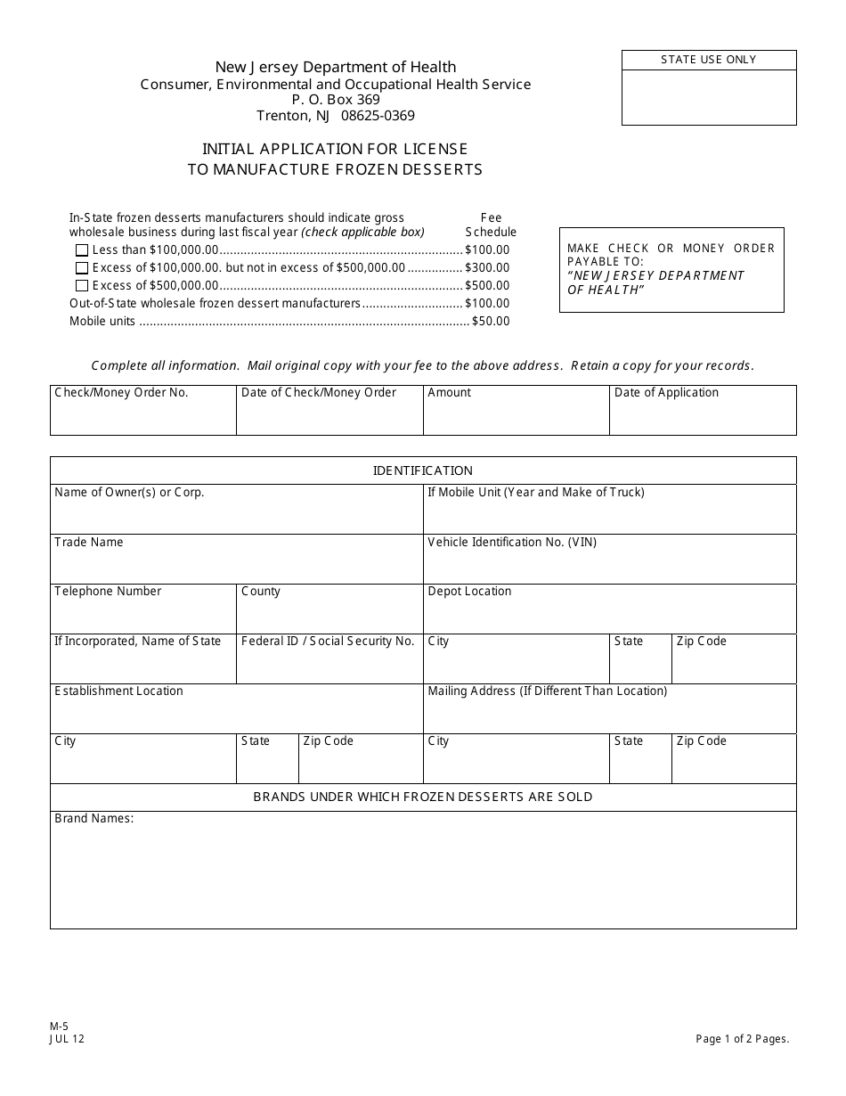 Form M-5 Initial Application for License to Manufacture Frozen Desserts - New Jersey, Page 1