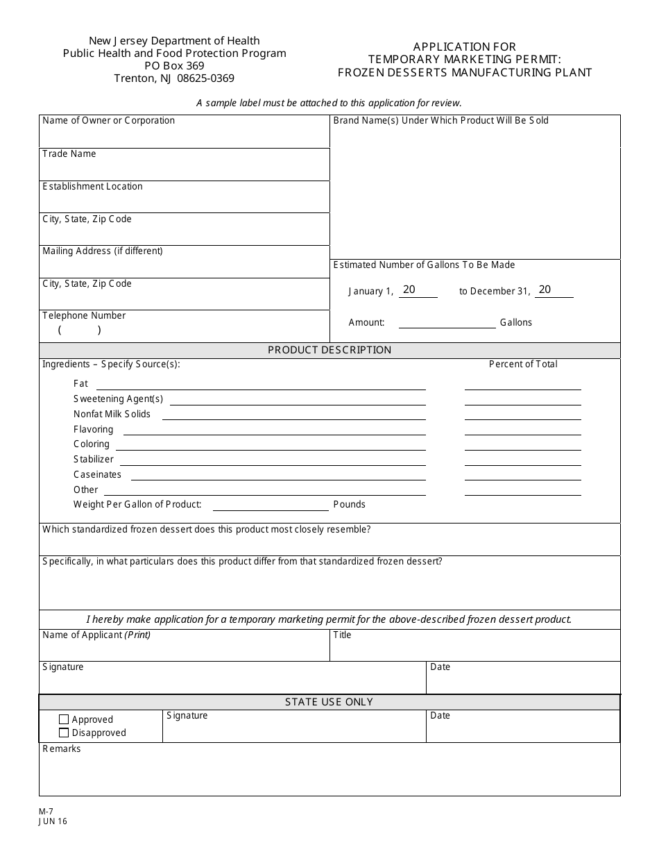 Form M-7 Application for Temporary Marketing Permit: Frozen Desserts Manufacturing Plant - New Jersey, Page 1