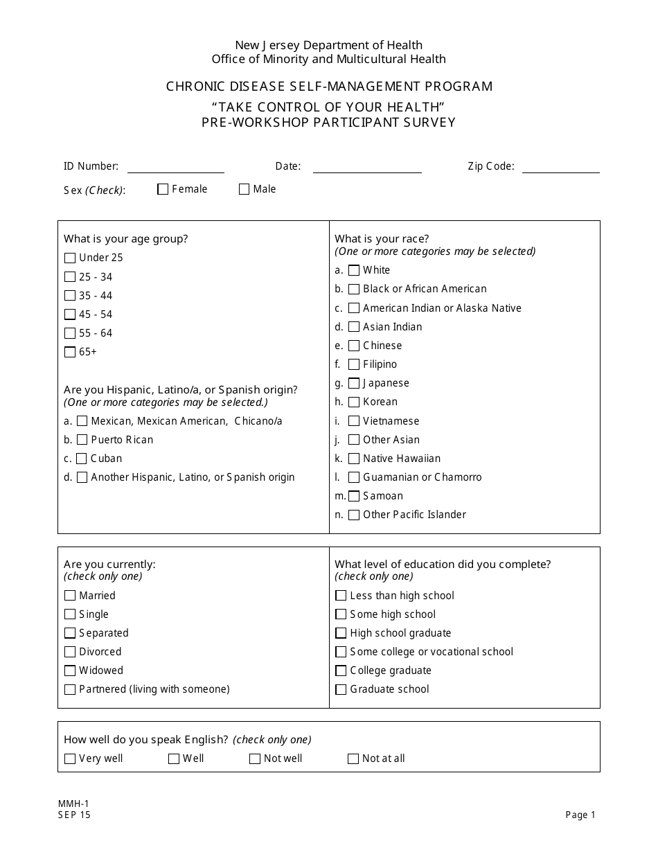 Form MMH-1 Take Control of Your Health Pre-workshop Participant Survey - Chronic Disease Self-management Program - New Jersey, Page 1