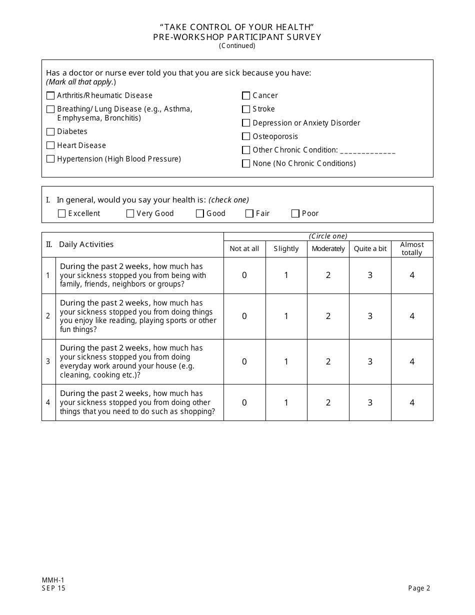 Form MMH-1 Take Control of Your Health Pre-workshop Participant Survey - Chronic Disease Self-management Program - New Jersey, Page 2