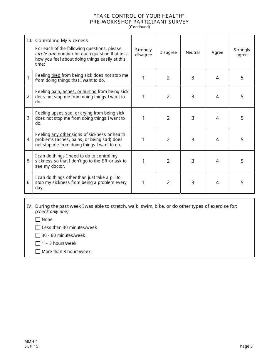 Form MMH-1 Take Control of Your Health Pre-workshop Participant Survey - Chronic Disease Self-management Program - New Jersey, Page 3