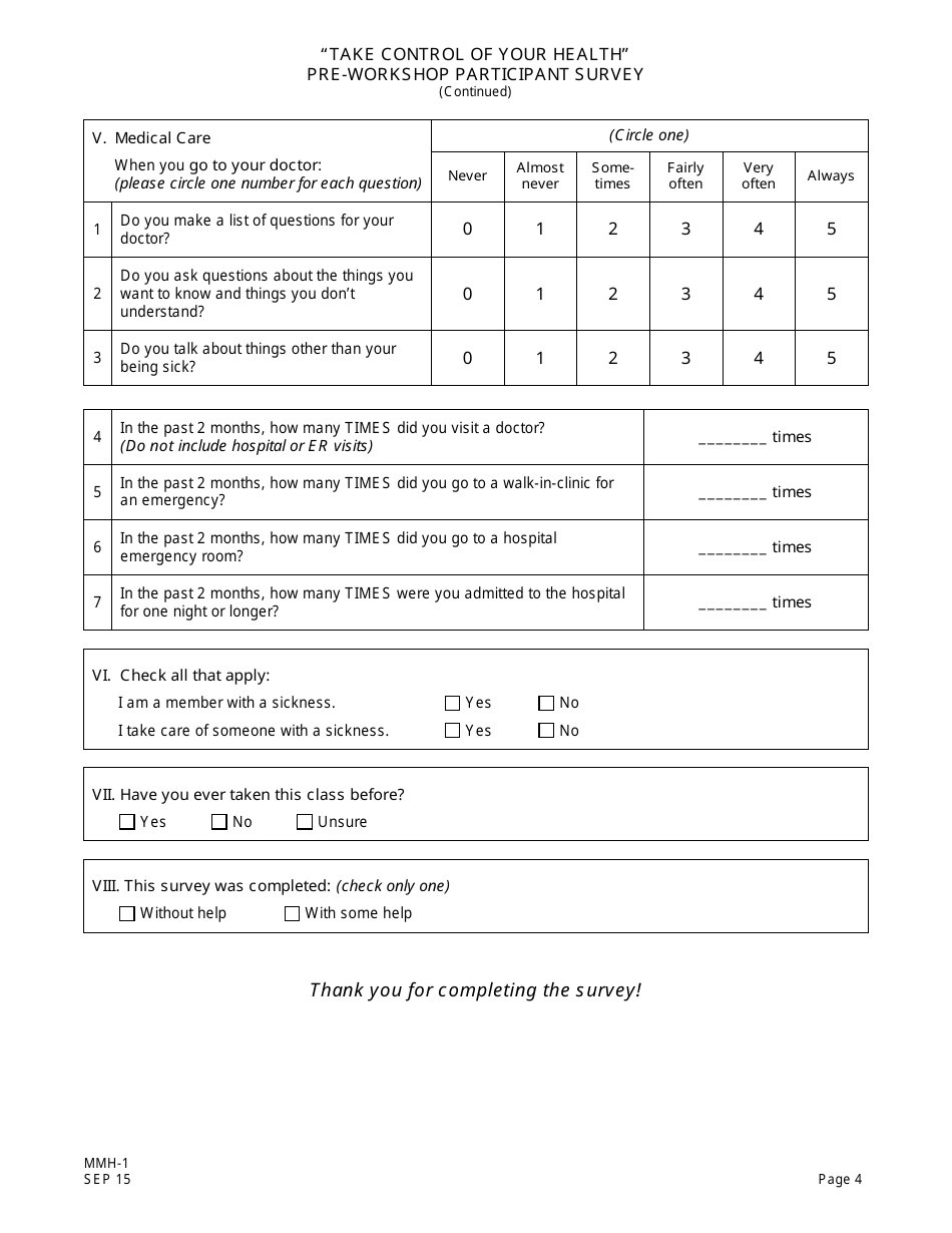 Form MMH-1 Take Control of Your Health Pre-workshop Participant Survey - Chronic Disease Self-management Program - New Jersey, Page 4