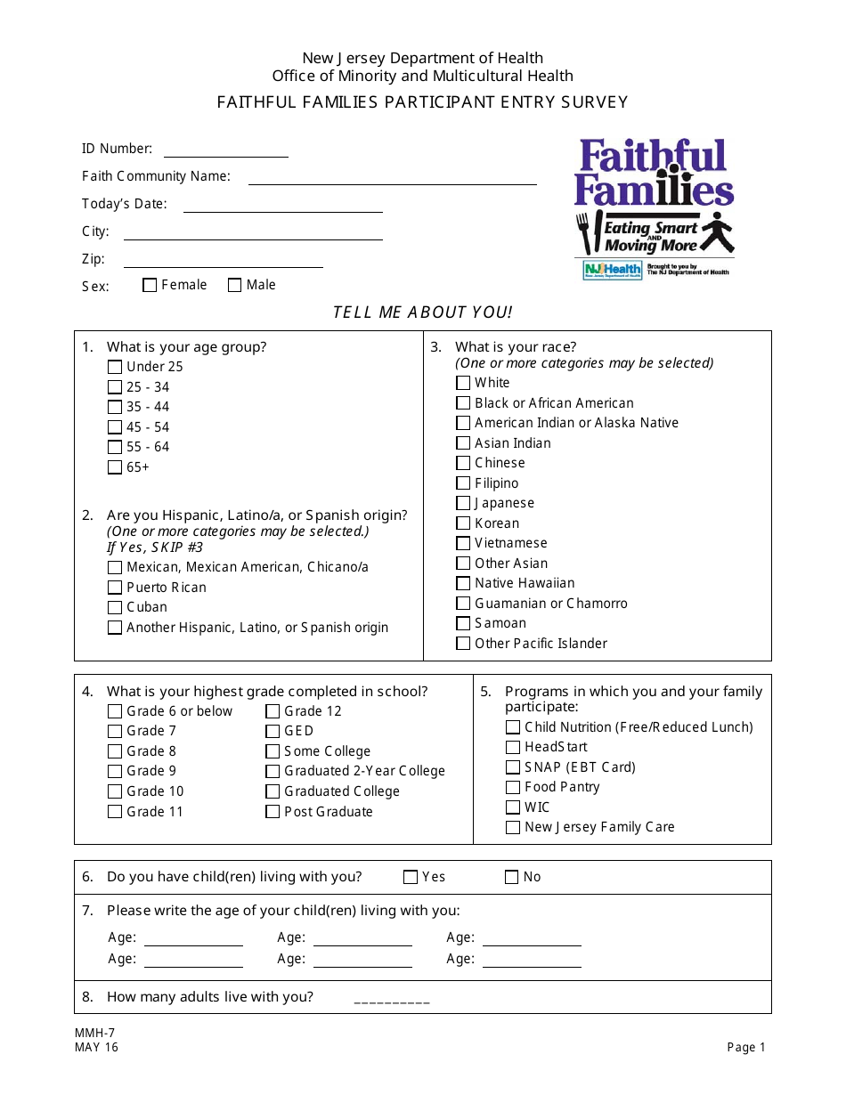 Form MMH-7 Faithful Families Eating Smart and Moving More Participant Entry Survey - New Jersey, Page 1
