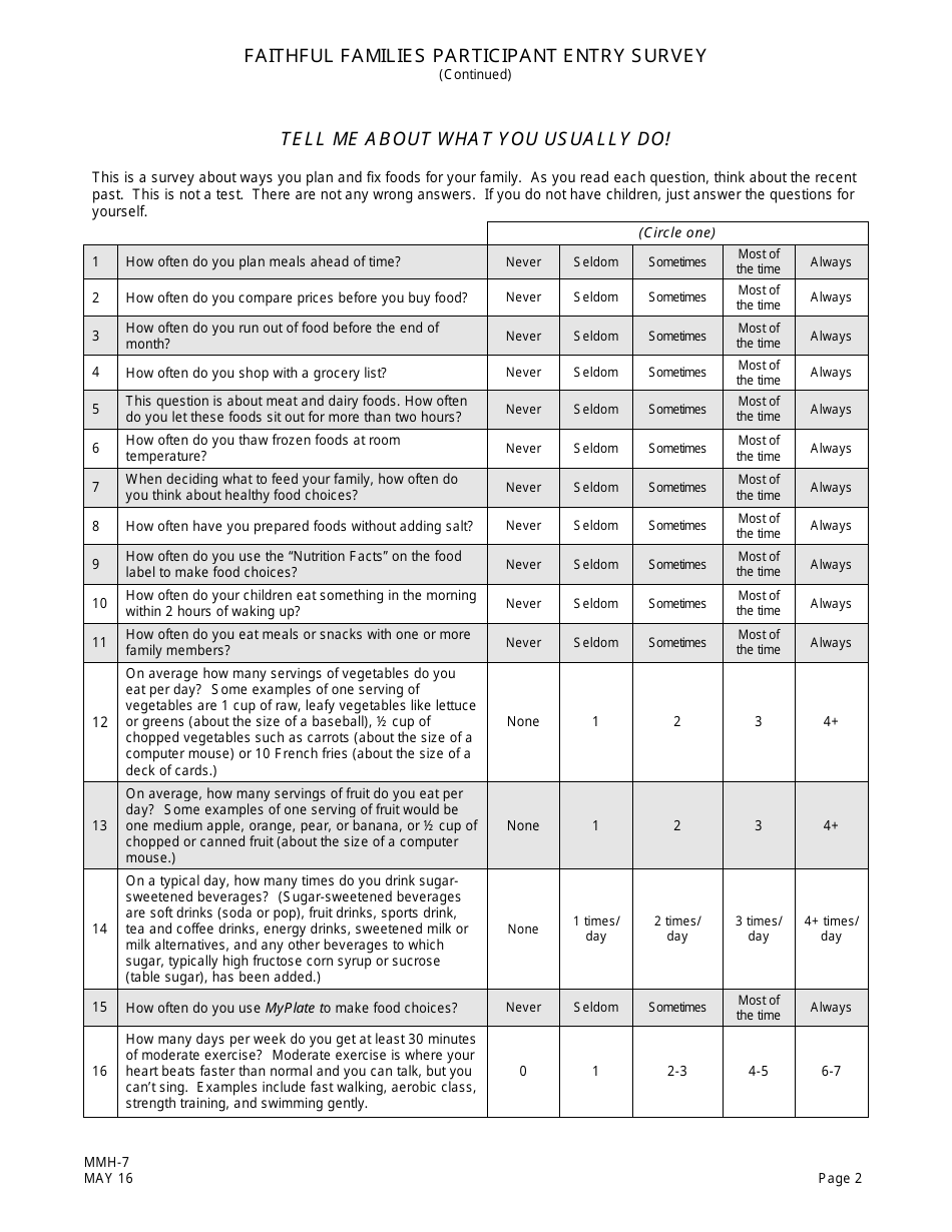 Form MMH-7 Faithful Families Eating Smart and Moving More Participant Entry Survey - New Jersey, Page 2