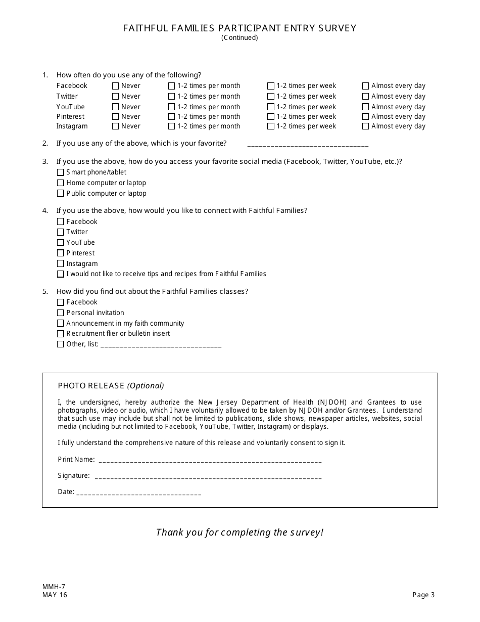 Form MMH-7 Faithful Families Eating Smart and Moving More Participant Entry Survey - New Jersey, Page 3