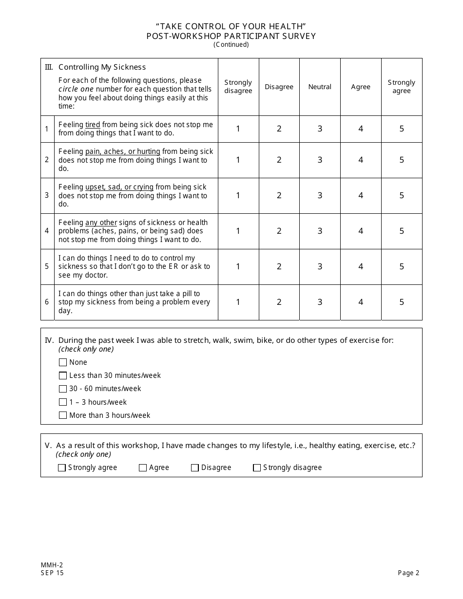 Form MMH-2 Take Control of Your Health Post-workshop Participant Survey - Chronic Disease Self-management Program - New Jersey, Page 2