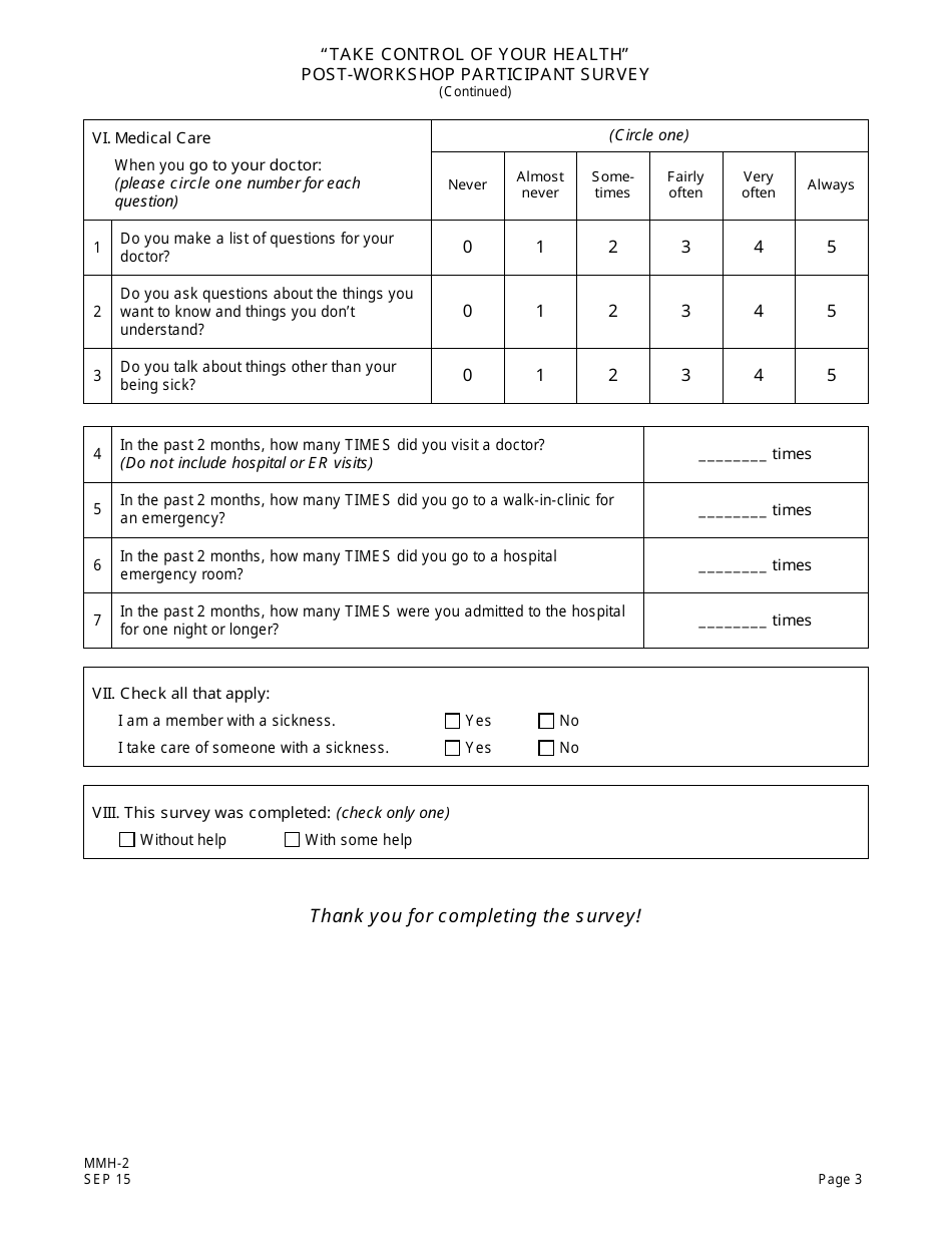 Form MMH-2 Take Control of Your Health Post-workshop Participant Survey - Chronic Disease Self-management Program - New Jersey, Page 3
