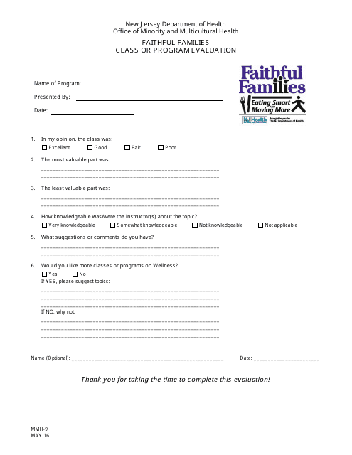 Form MMH-9 Faithful Families Eating Smart and Moving More Class or Program Evaluation - New Jersey