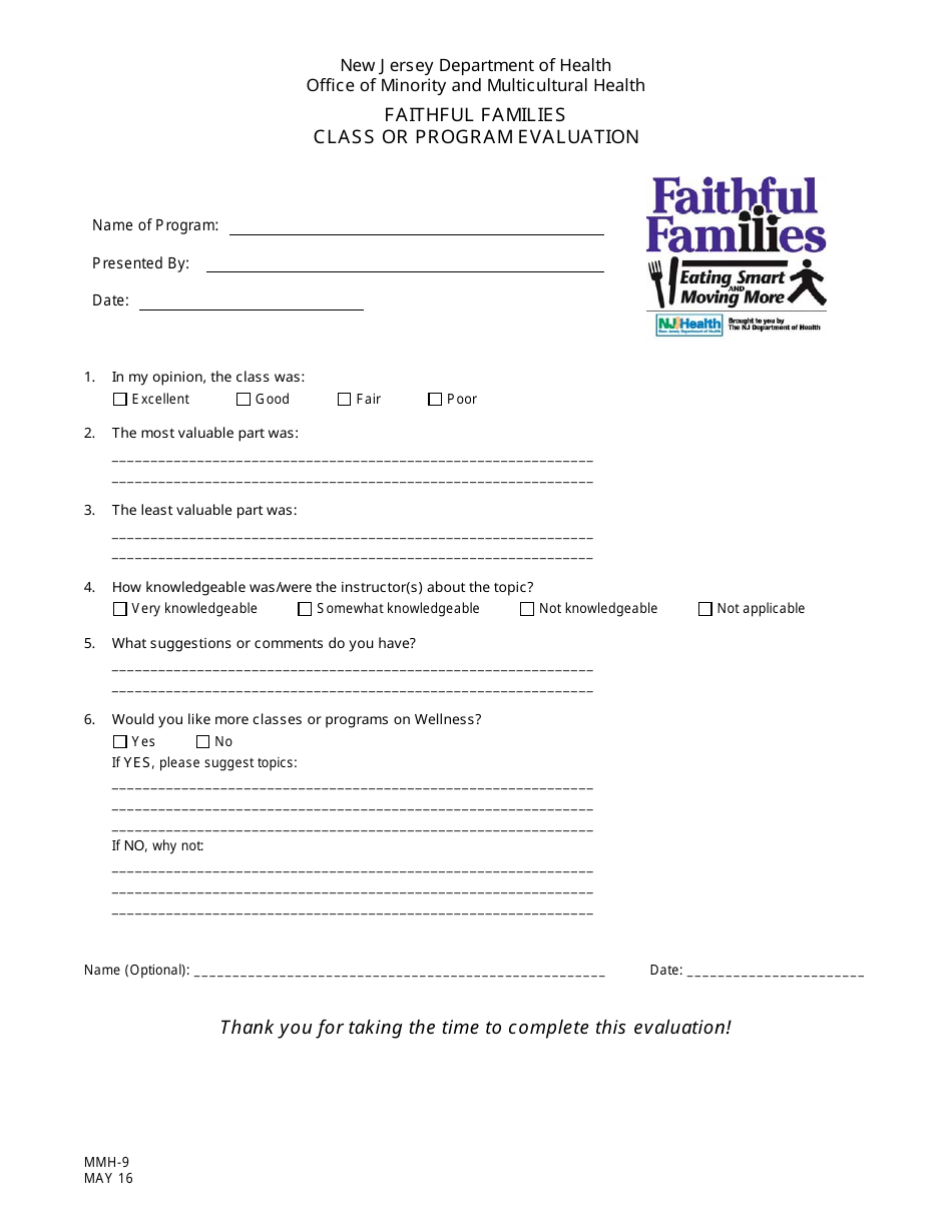 Form MMH-9 Faithful Families Eating Smart and Moving More Class or Program Evaluation - New Jersey, Page 1
