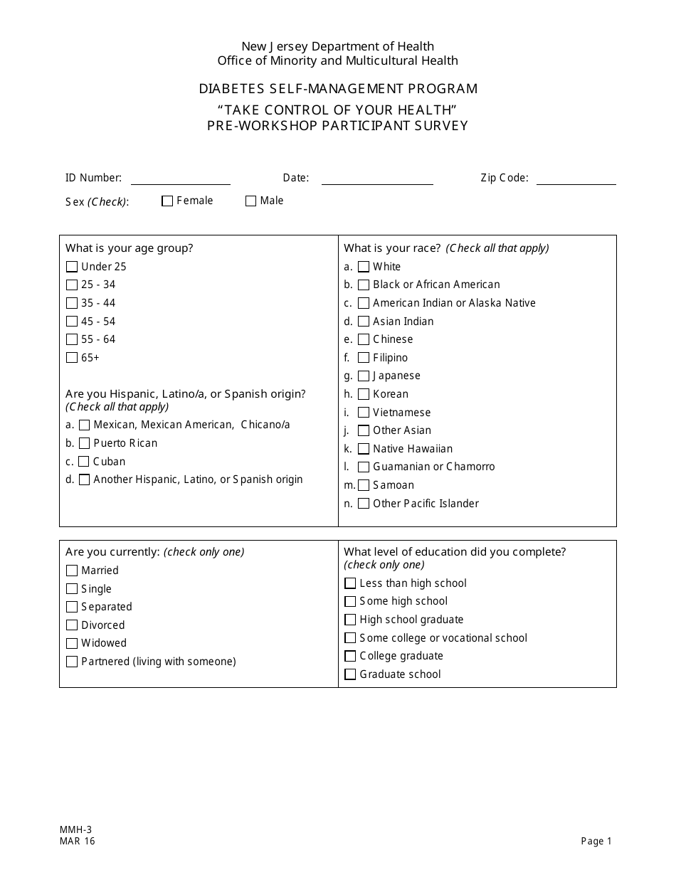 Form MMH-3 Take Control of Your Health Pre-workshop Participant Survey - Diabetes Self-management Program - New Jersey, Page 1
